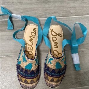 Sam Edelman beaded, closed toe, flat espadrilles, ankle tie sandals. Size 7, New